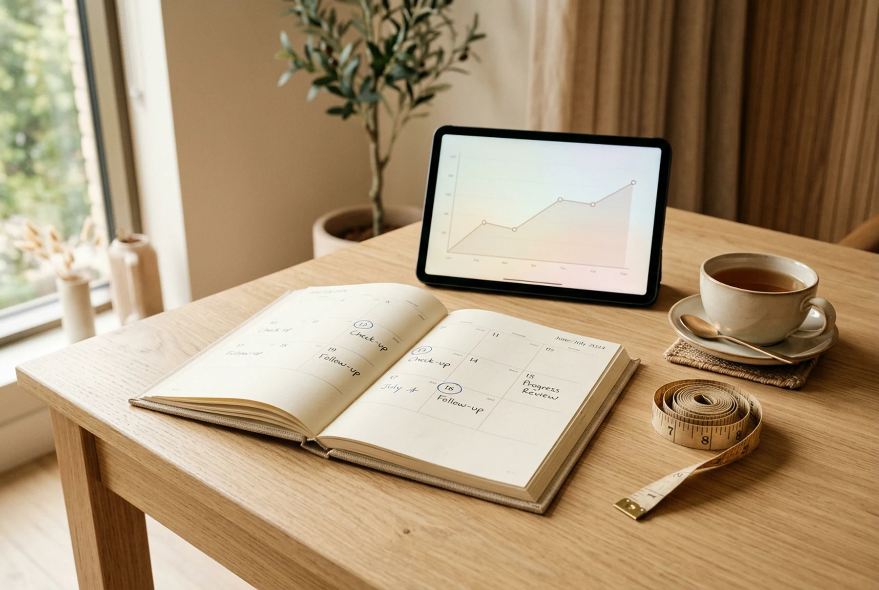 Agenda com datas de retorno marcadas, fita métrica e tablet com gráfico de evolução sobre a mesa do consultório
